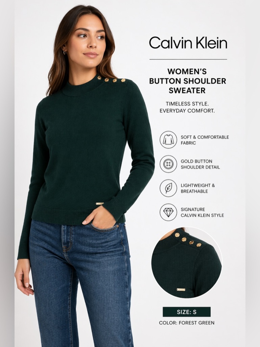 Calvin Klein Forest Green Button-Shoulder Sweater